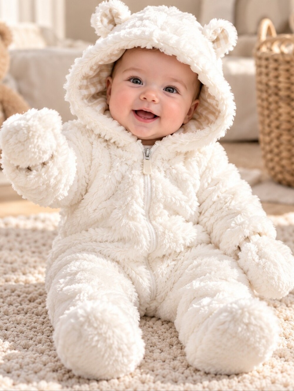 Babaluno Ivory Faux Fur Teddy Bear Hooded Baby Snowsuit 0–3M